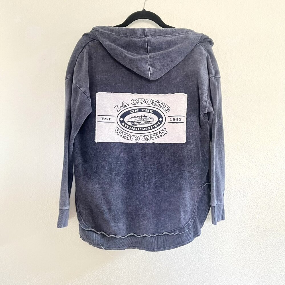 Upcycled "washed blue" Hooded La Crosse, WI Hoodie Cardigan